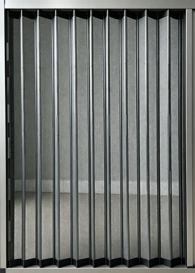 Flame resistant fiberglass and polyester pleated sliding insect screen